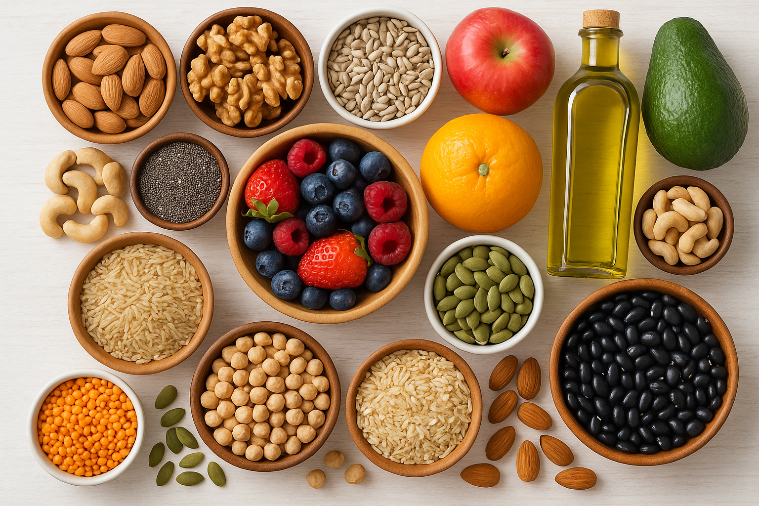 nuts, seeds, vegetable oils, whole grains, fruits, and some legumes. 